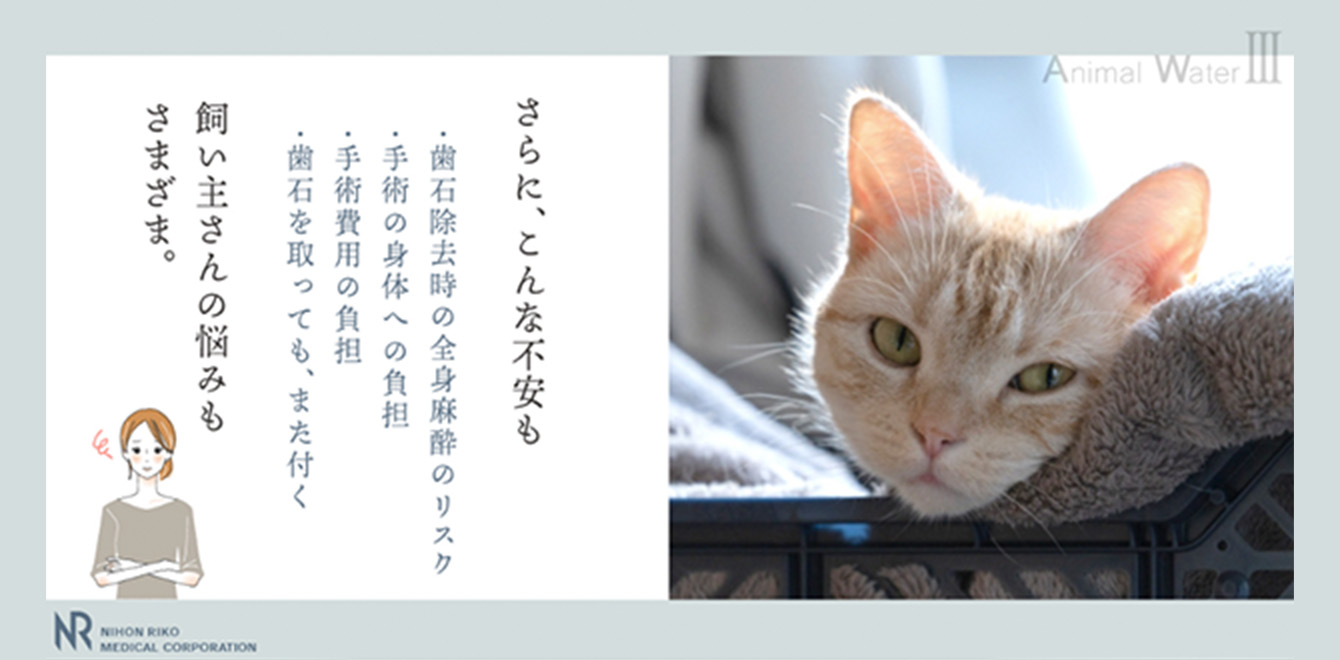 さらに、こんな不安も ・歯石除去時の全身麻酔のリスク・手術の身体への負担・手術費用の負担・歯石を取っても、また付く 飼い主さんの悩みもさまざま。